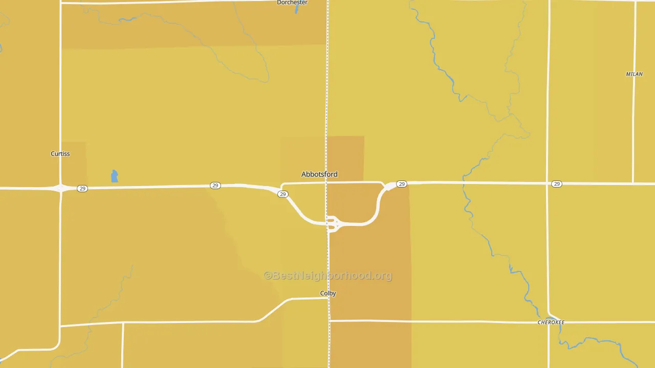 Map of the best neighborhoods in the Abbotsford area, with better matches in green and worse matches in red