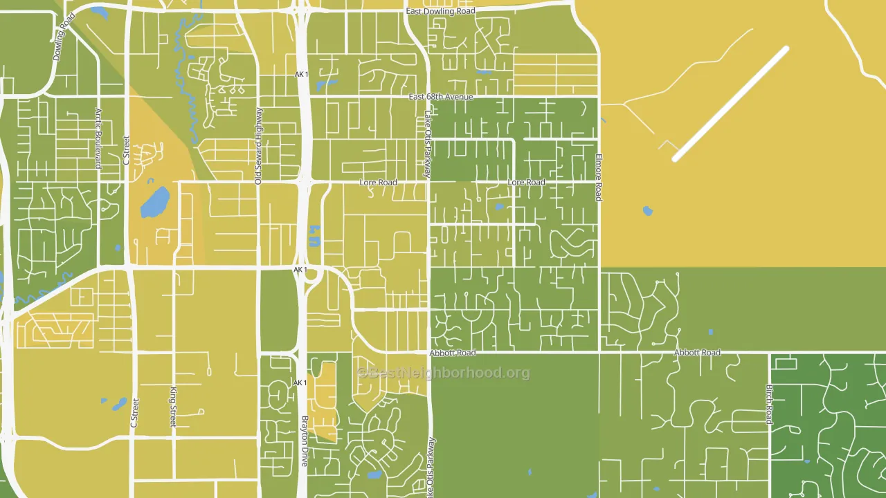 Map of the best neighborhoods in the Abbott Loop, Anchorage area, with better matches in green and worse matches in red
