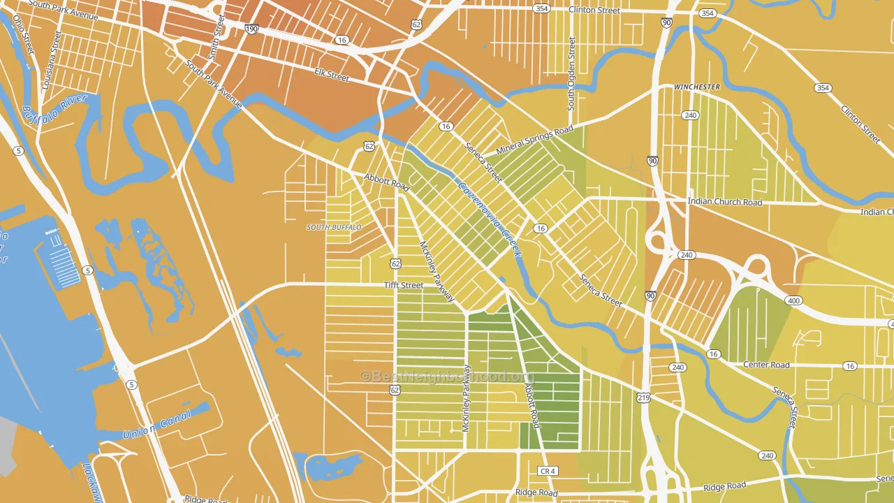 Map of the best neighborhoods in the Abbott McKinley, Buffalo area, with better matches in green and worse matches in red