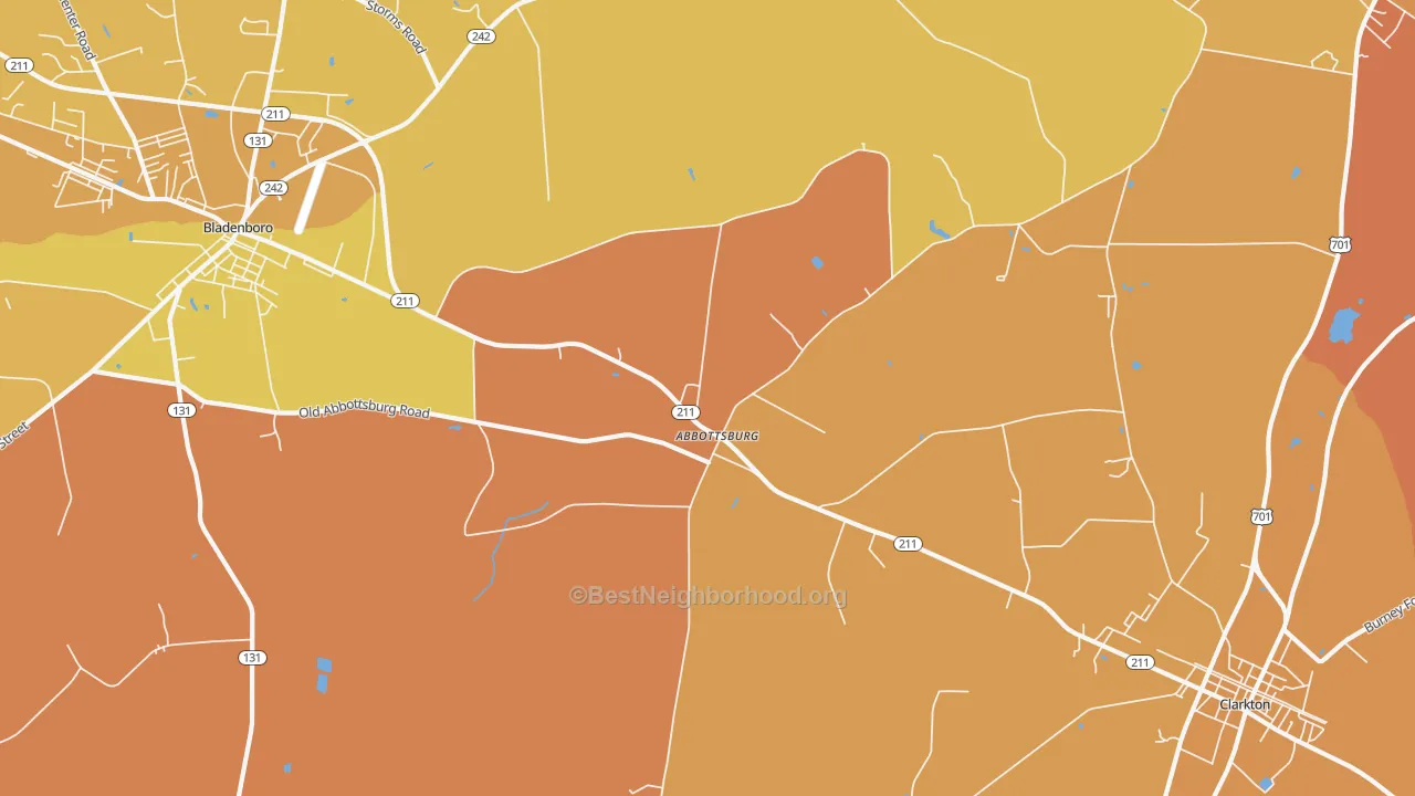 Map of the best neighborhoods in the Abbottsburg area, with better matches in green and worse matches in red