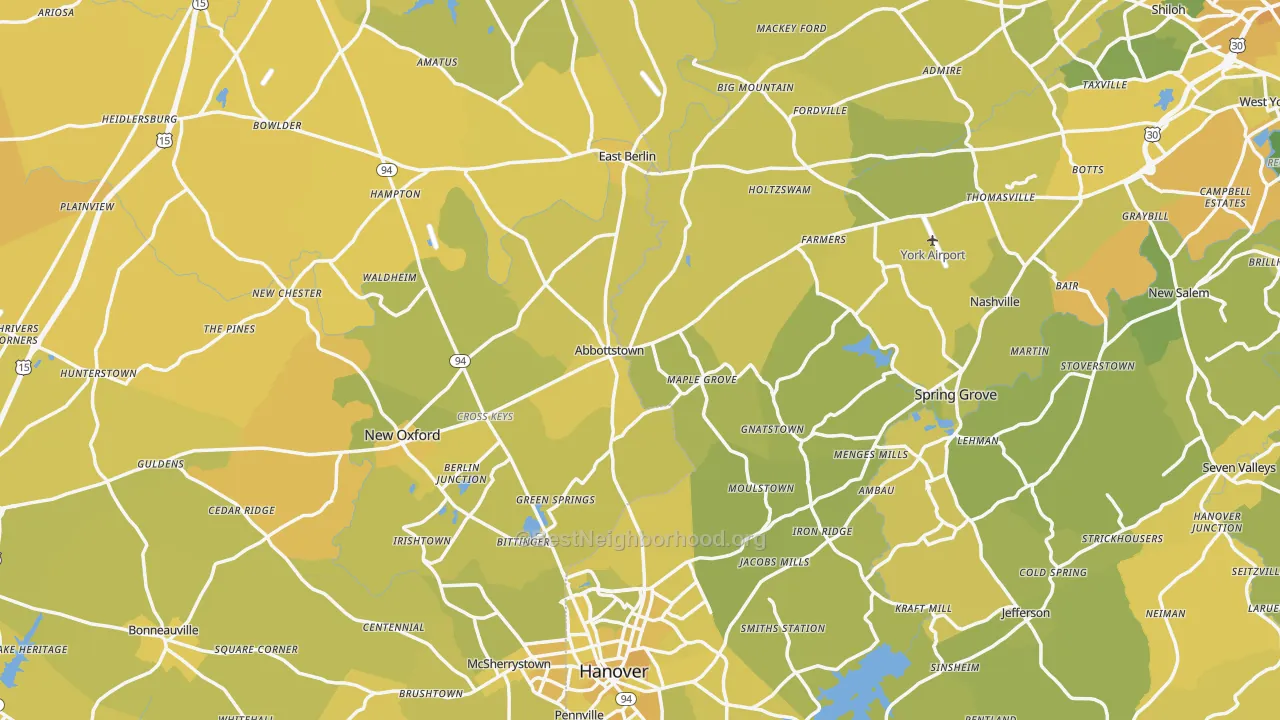 Map of the best neighborhoods in the Abbottstown area, with better matches in green and worse matches in red