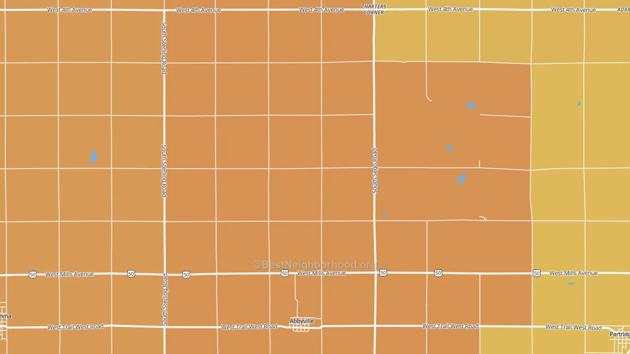 Map of the best neighborhoods in the Abbyville area, with better matches in green and worse matches in red