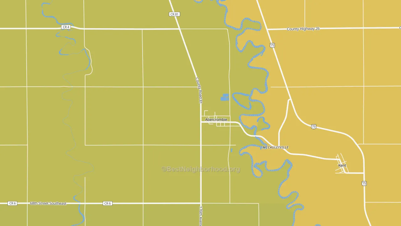 Map of the best neighborhoods in the Abercrombie area, with better matches in green and worse matches in red