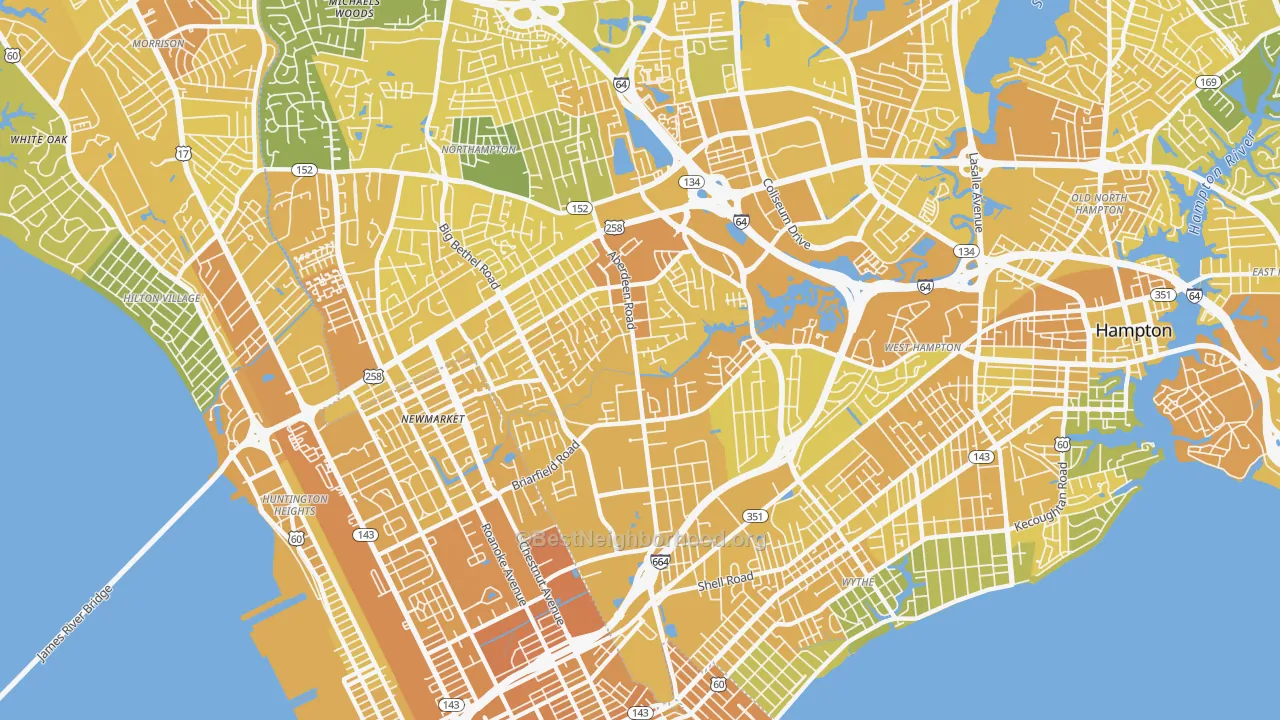 Map of the best neighborhoods in the Aberdeen, Hampton area, with better matches in green and worse matches in red