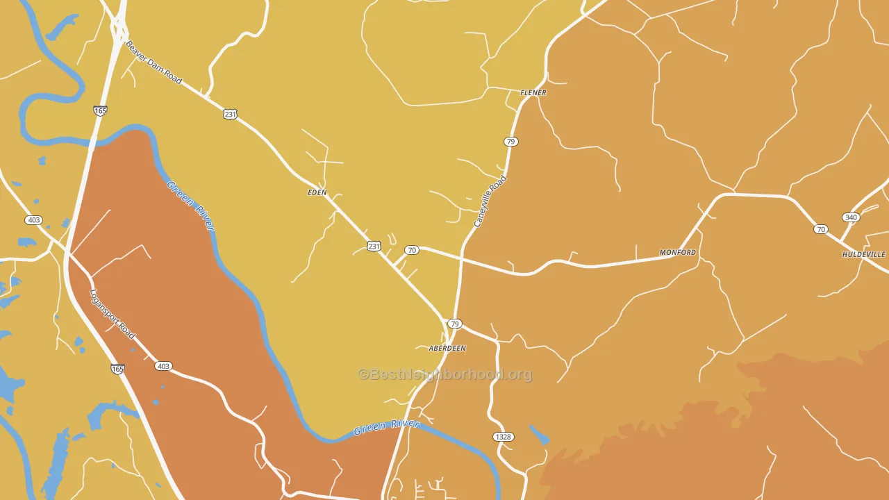 Map of the best neighborhoods in the Aberdeen area, with better matches in green and worse matches in red
