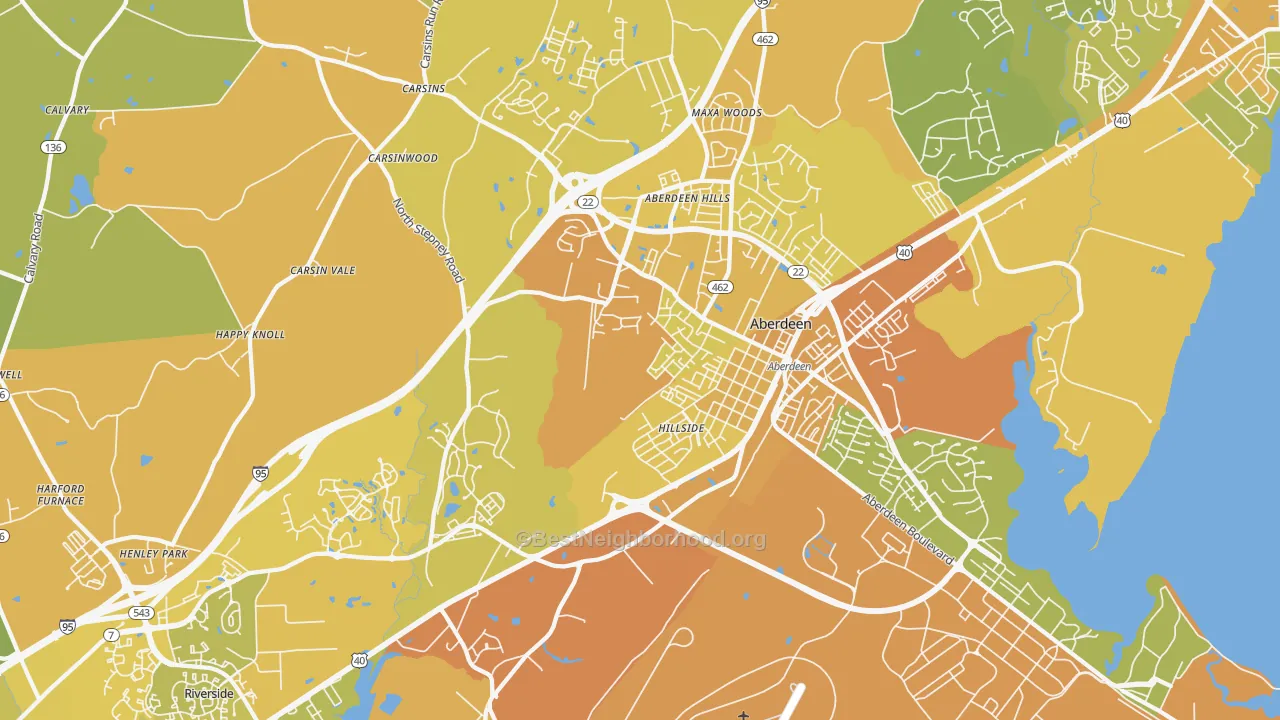 Map of the best neighborhoods in the Aberdeen area, with better matches in green and worse matches in red
