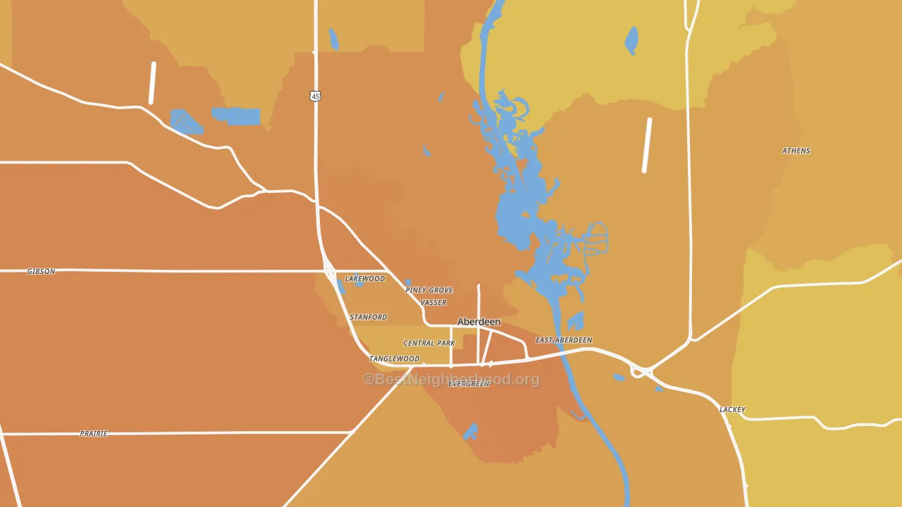 Map of the best neighborhoods in the Aberdeen area, with better matches in green and worse matches in red