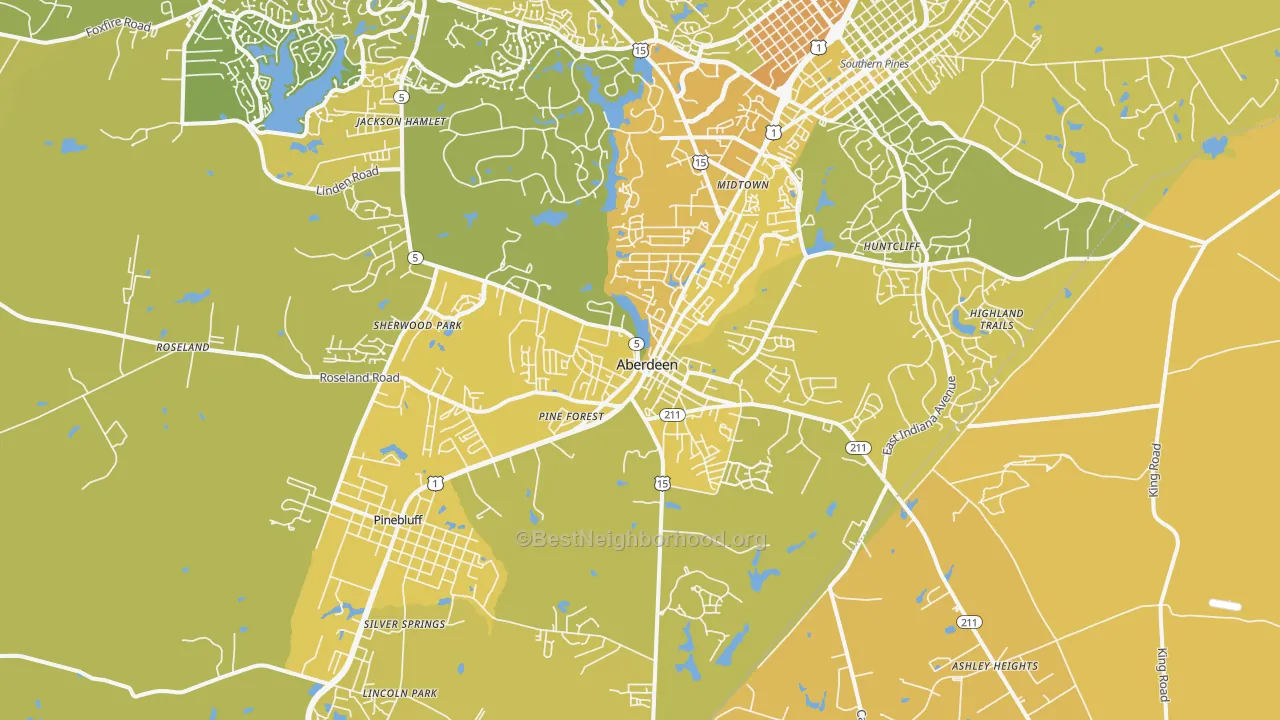 Map of the best neighborhoods in the Aberdeen area, with better matches in green and worse matches in red