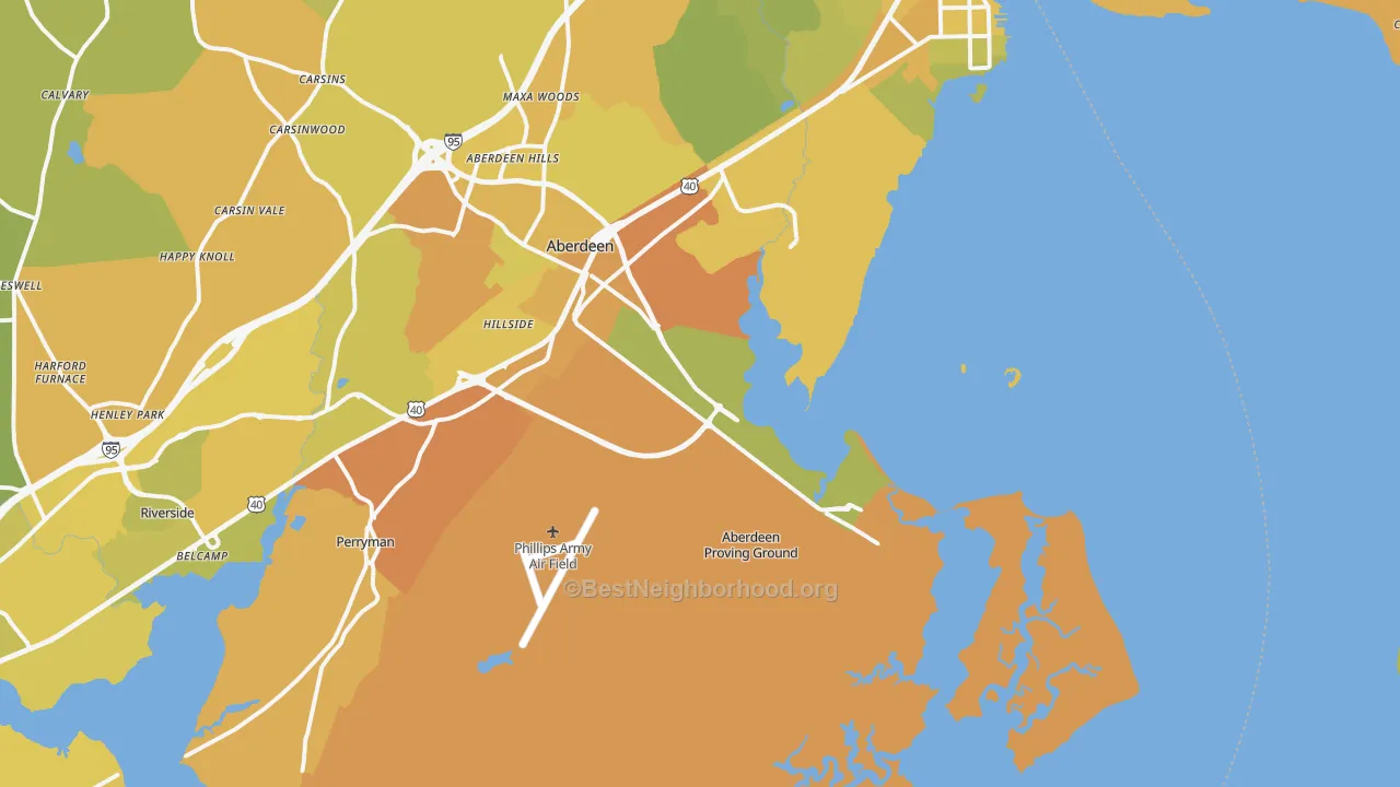 Map of the best neighborhoods in the Aberdeen Proving Ground area, with better matches in green and worse matches in red