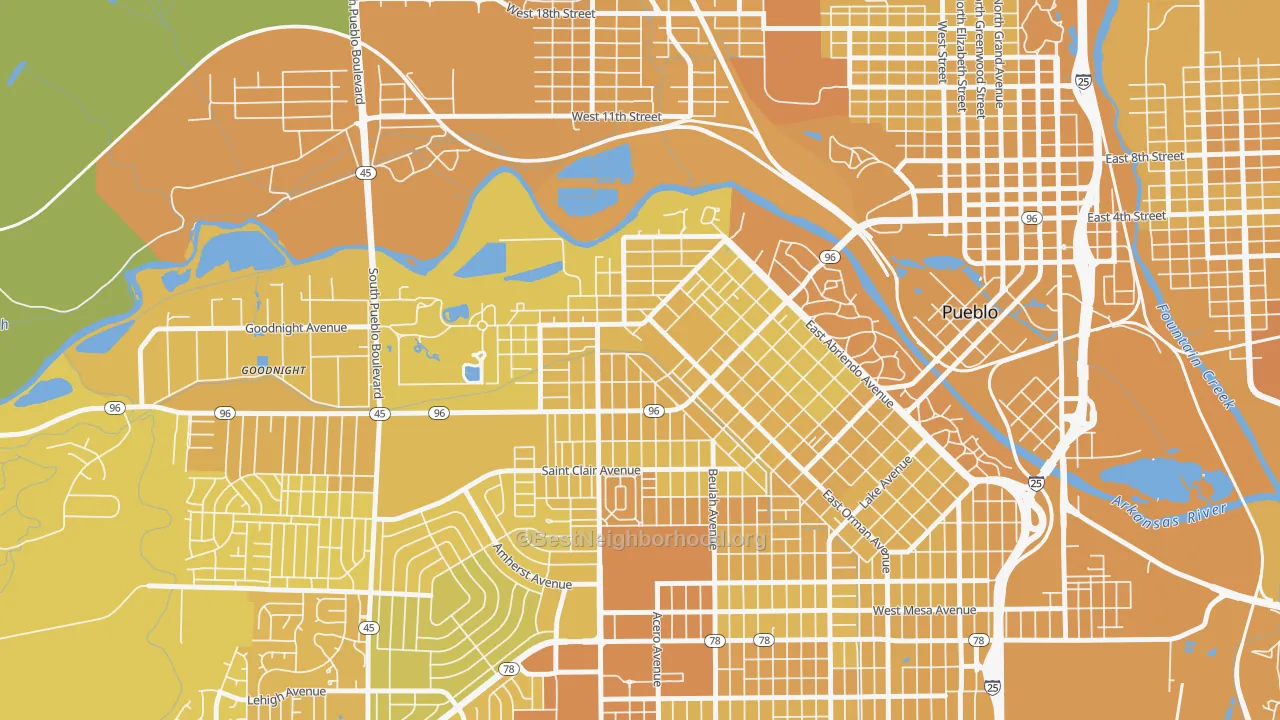 Map of the best neighborhoods in the Aberdeen, Pueblo area, with better matches in green and worse matches in red