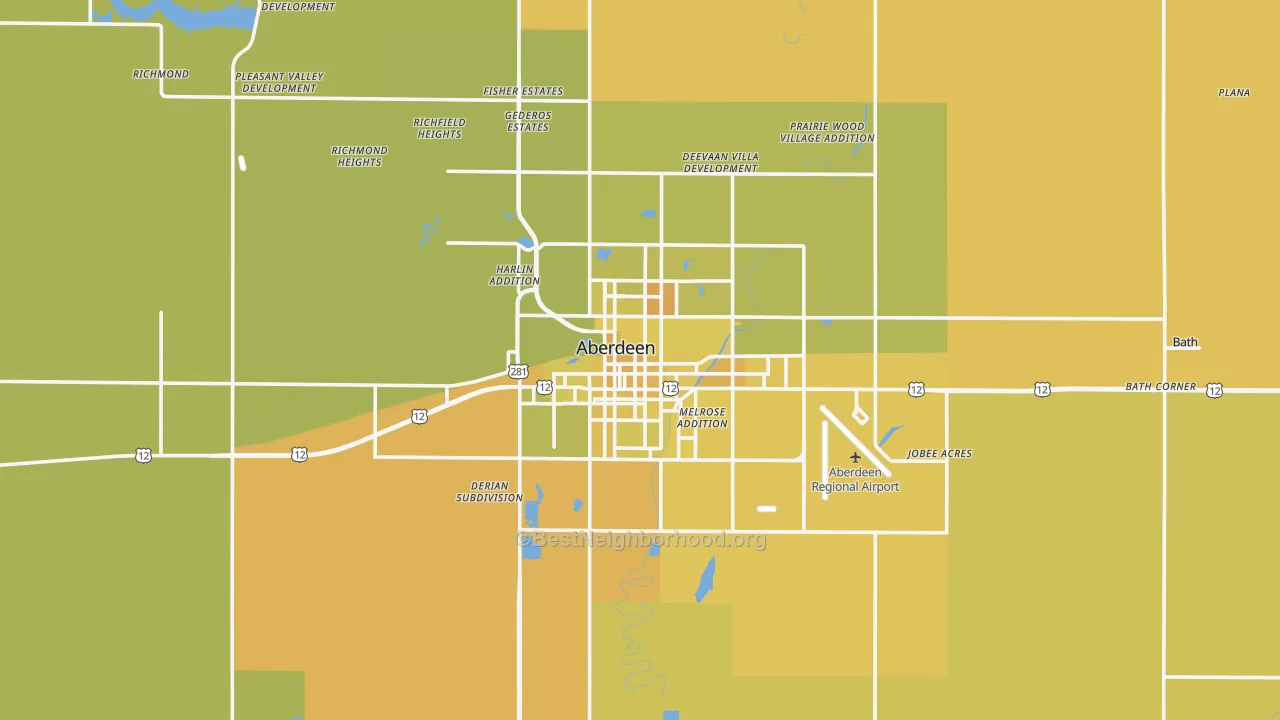 Map of the best neighborhoods in the Aberdeen area, with better matches in green and worse matches in red