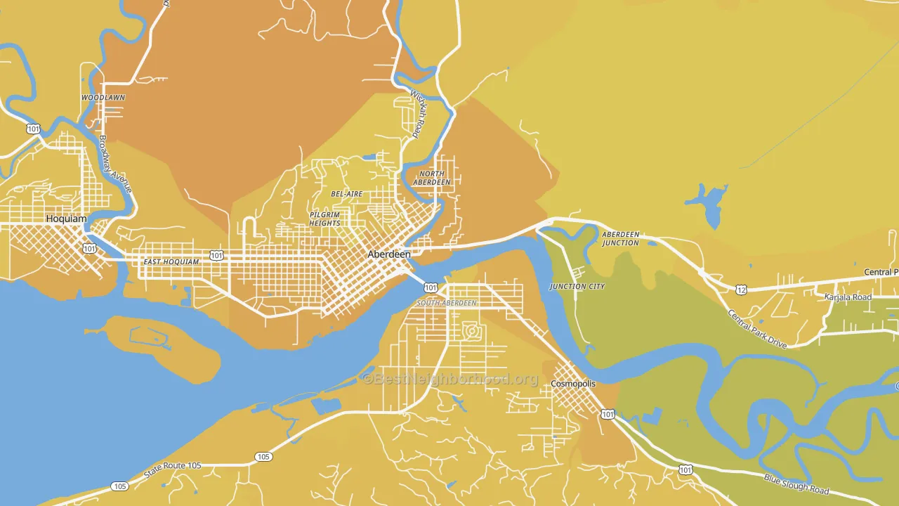 Map of the best neighborhoods in the Aberdeen area, with better matches in green and worse matches in red