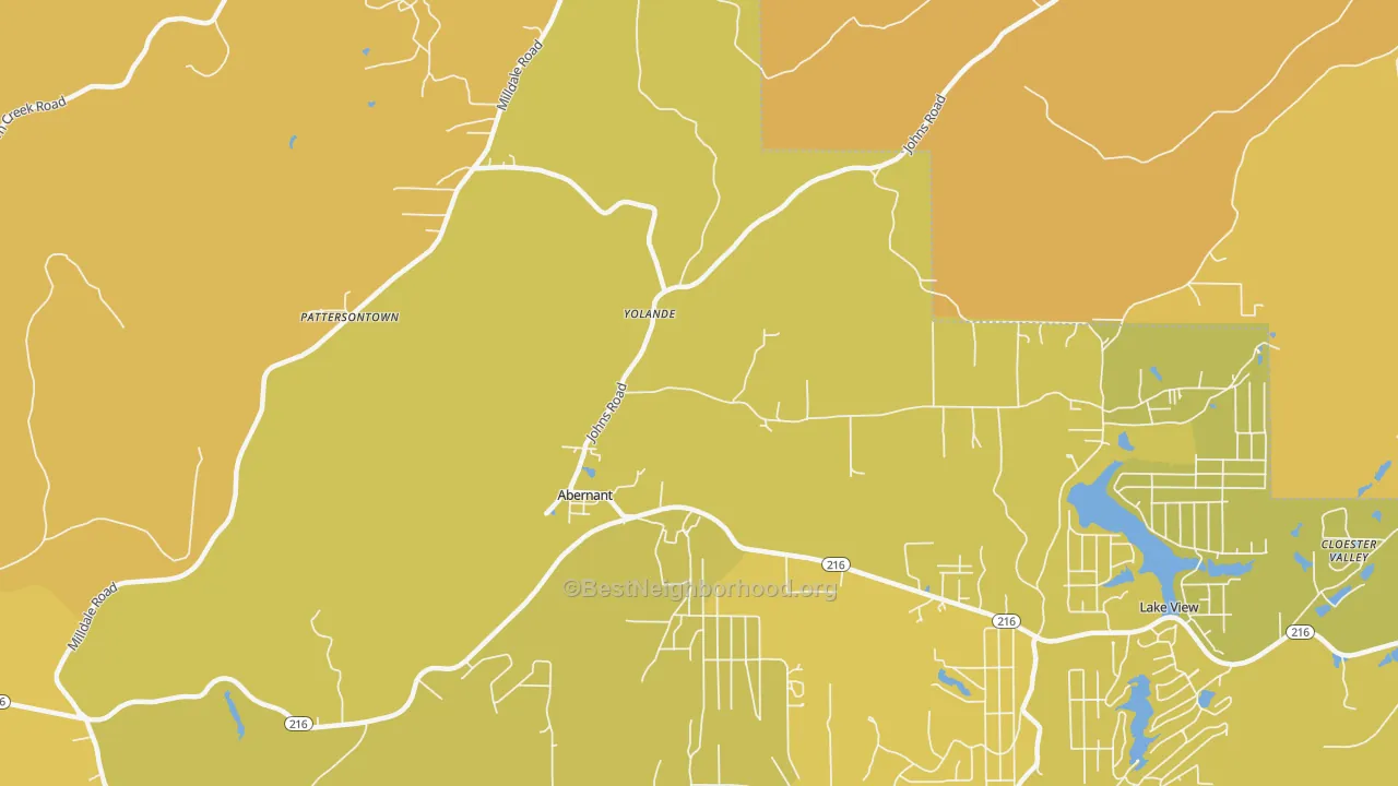 Map of the best neighborhoods in the Abernant area, with better matches in green and worse matches in red