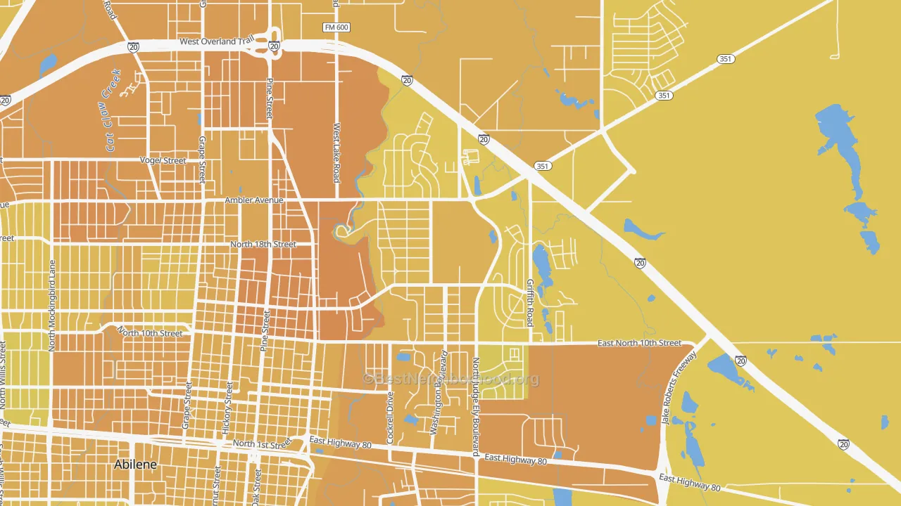 Map of the best neighborhoods in the Abilene Heights Area, Abilene area, with better matches in green and worse matches in red