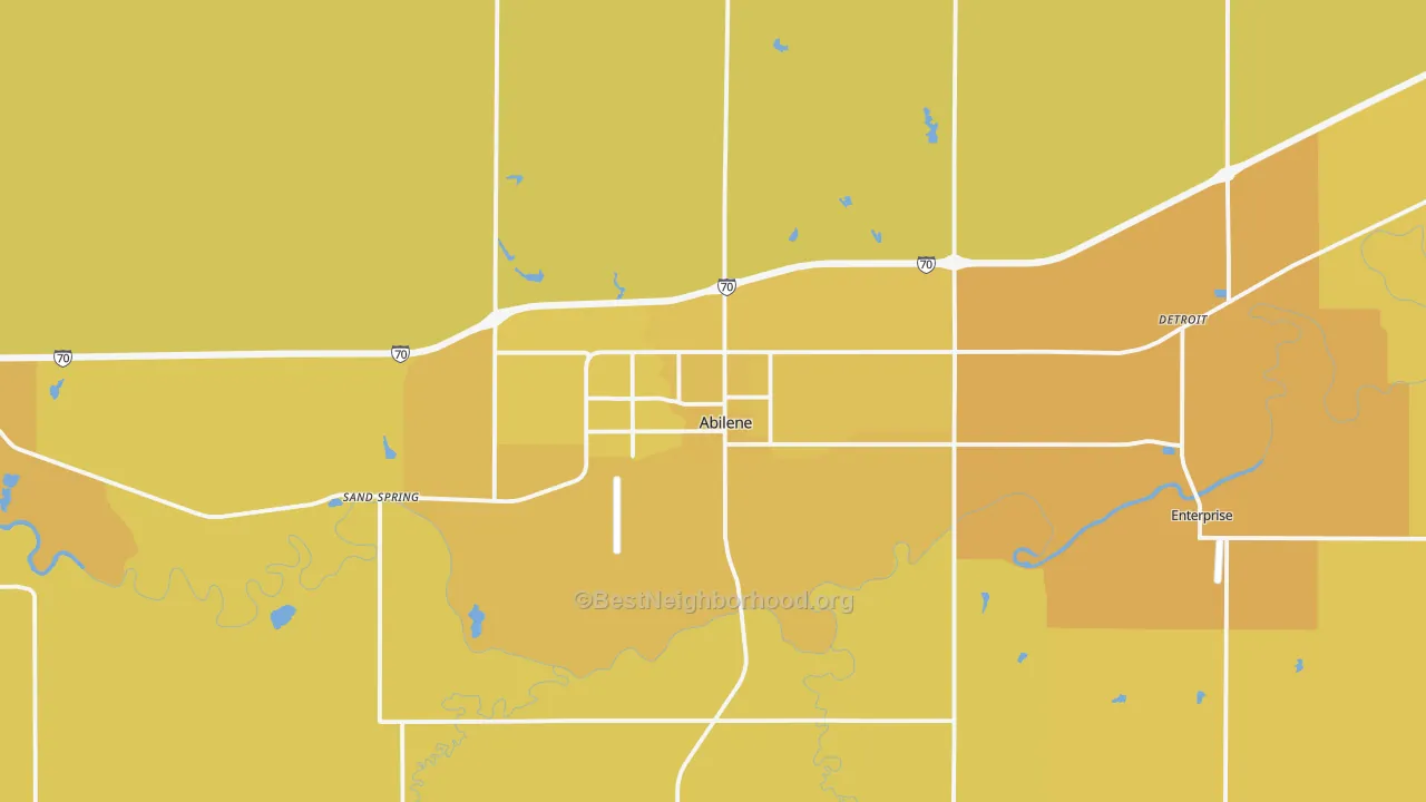 Map of the best neighborhoods in the Abilene area, with better matches in green and worse matches in red