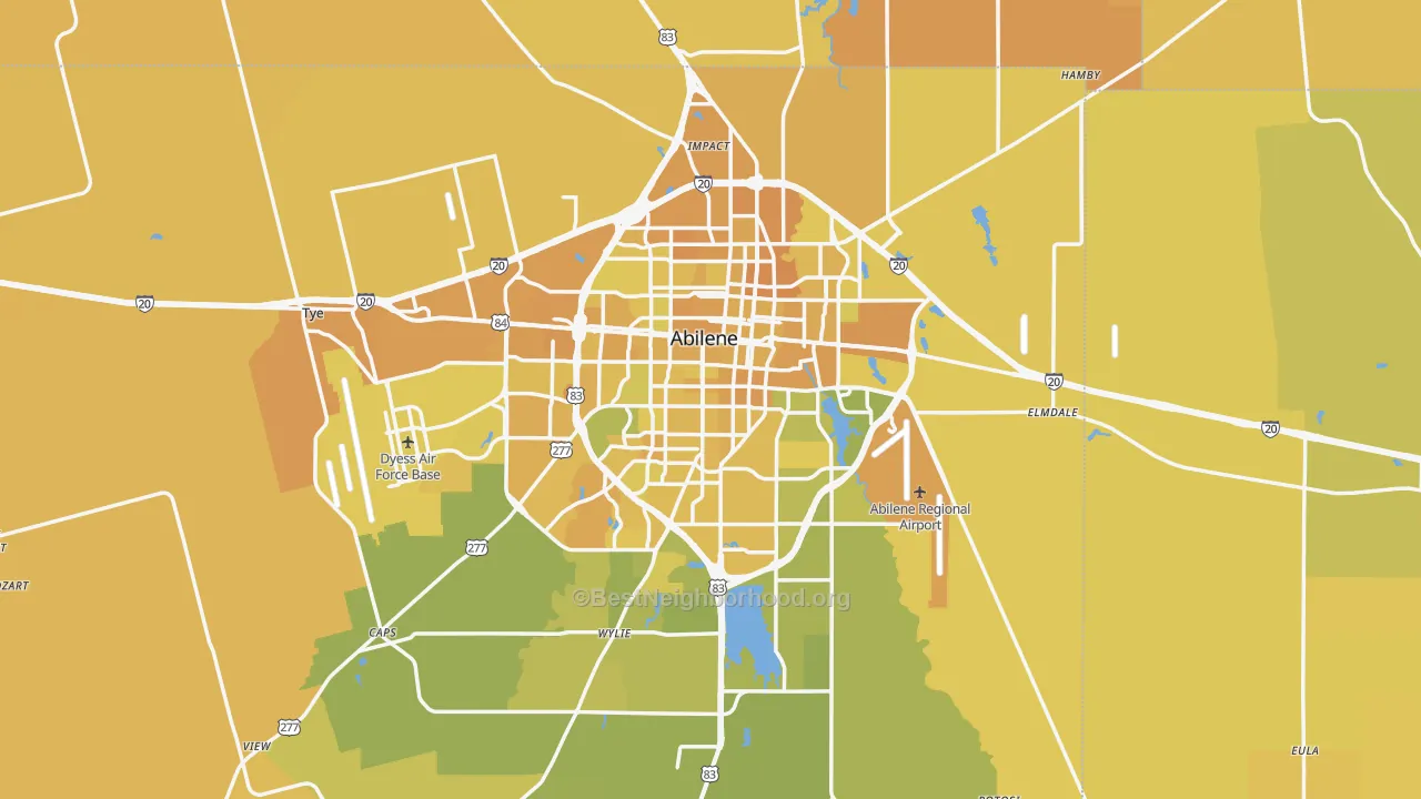 Map of the best neighborhoods in the Abilene Metro area, with better matches in green and worse matches in red