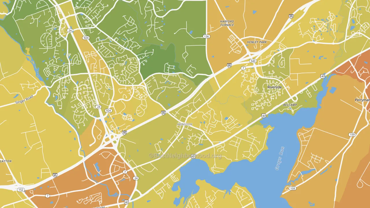 Map of the best neighborhoods in the Abingdon area, with better matches in green and worse matches in red