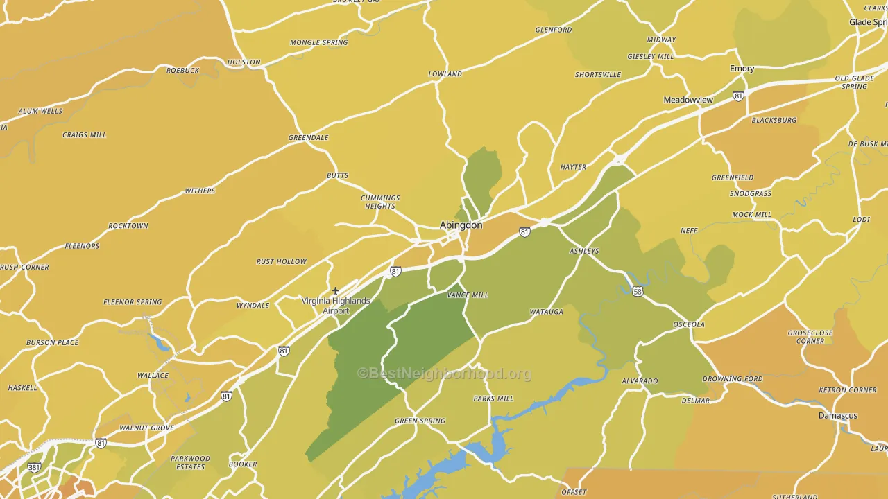 Map of the best neighborhoods in the Abingdon area, with better matches in green and worse matches in red