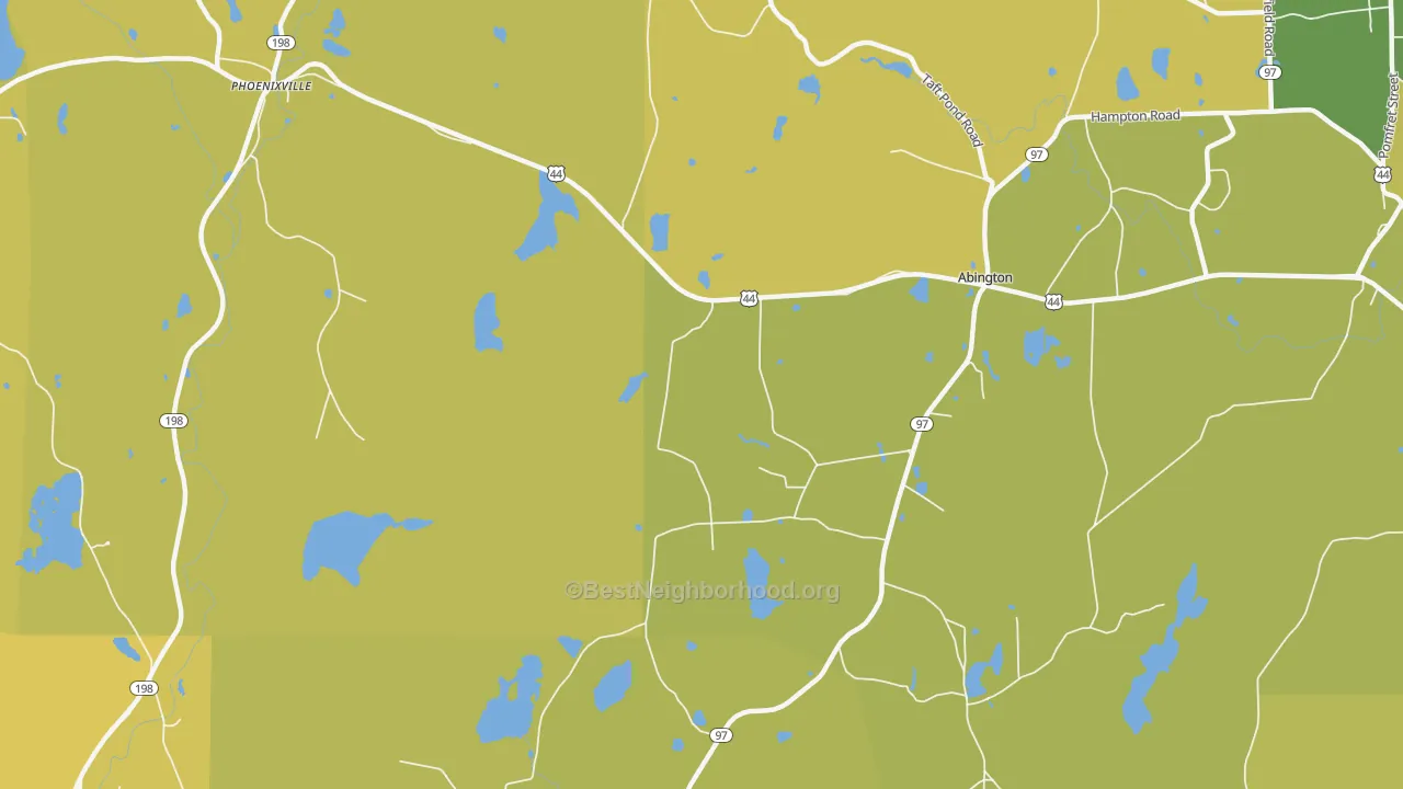 Map of the best neighborhoods in the Abington area, with better matches in green and worse matches in red