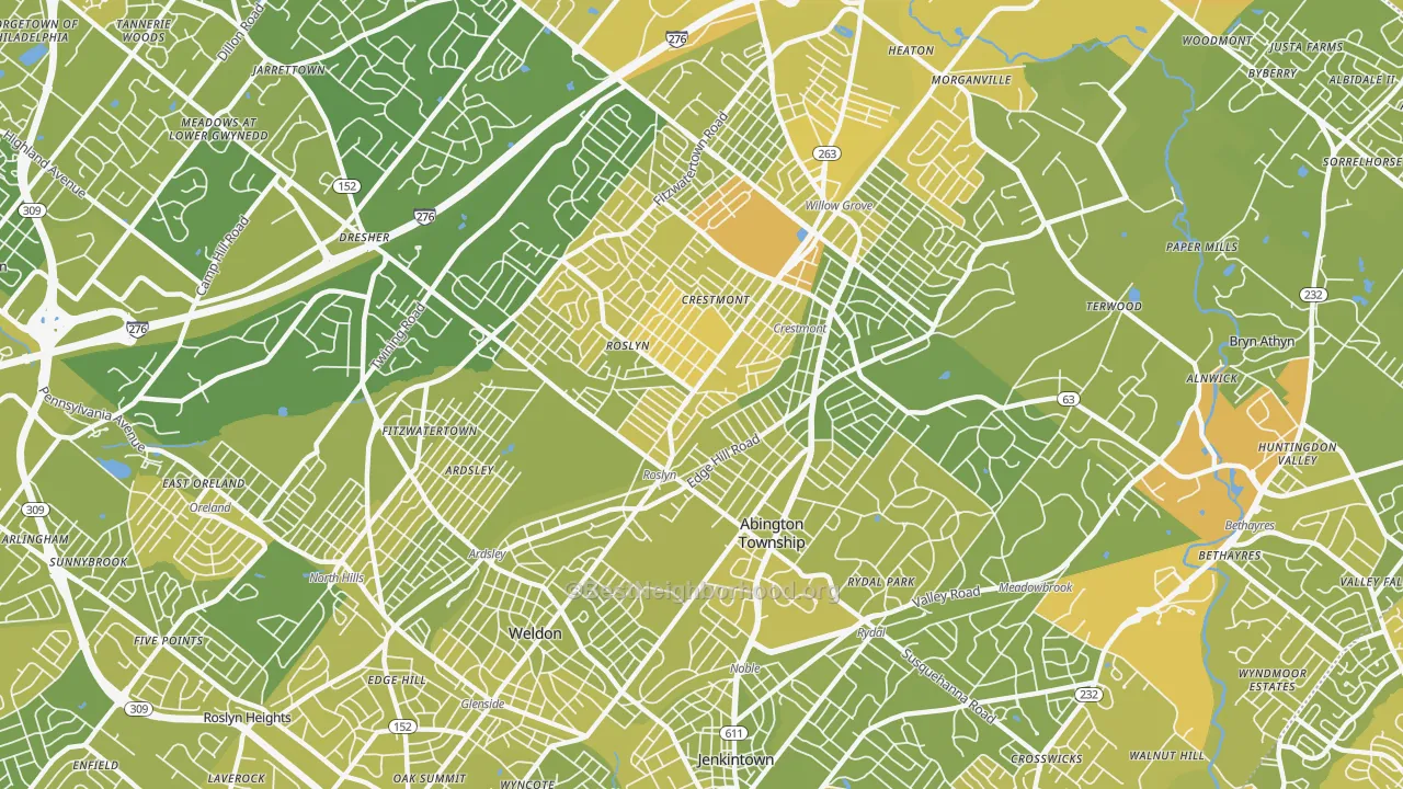 Map of the best neighborhoods in the Abington area, with better matches in green and worse matches in red