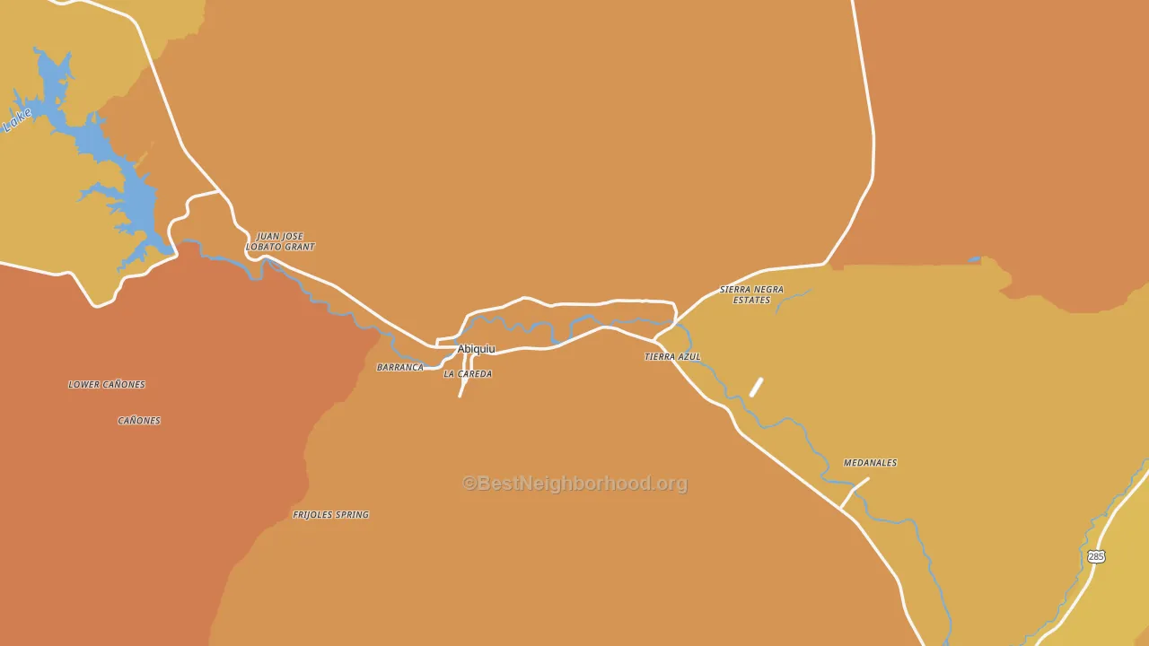 Map of the best neighborhoods in the Abiquiu area, with better matches in green and worse matches in red