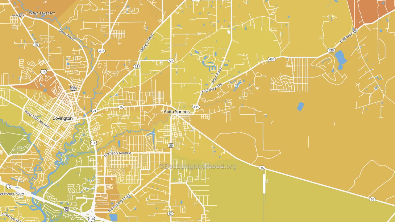 Map of the best neighborhoods in the Abita Springs area, with better matches in green and worse matches in red