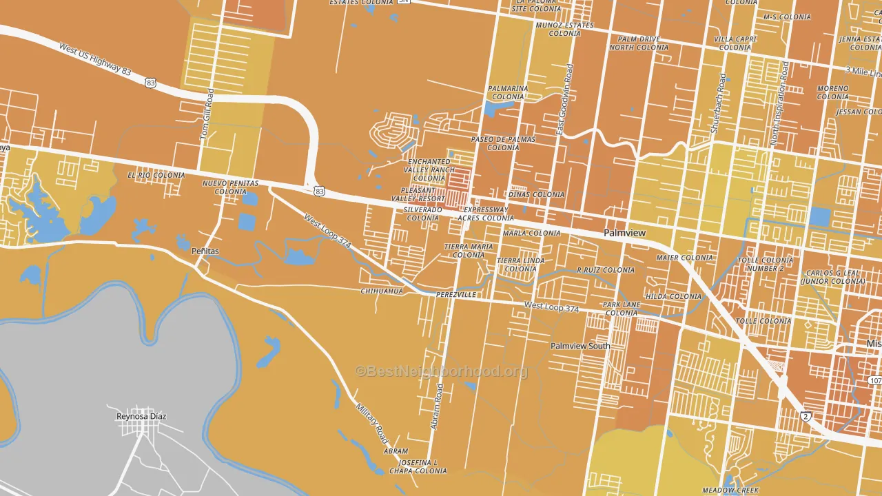 Map of the best neighborhoods in the Abram-Perezville, Mission area, with better matches in green and worse matches in red