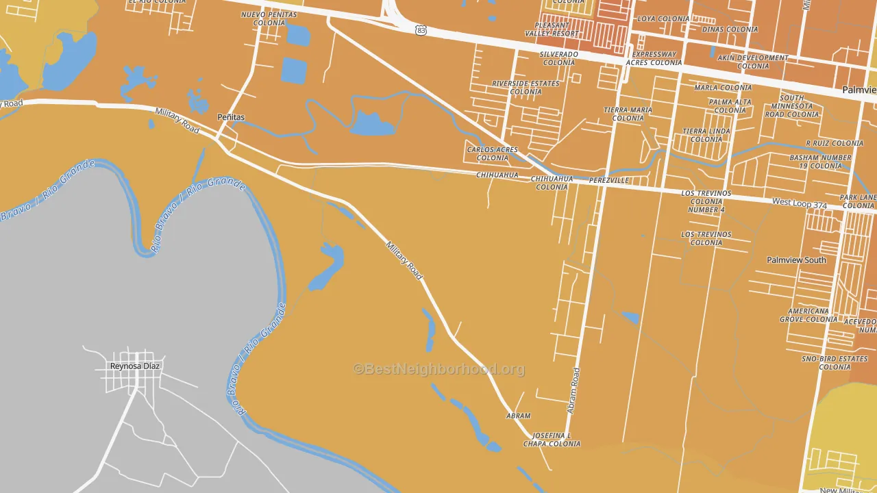 Map of the best neighborhoods in the Abram area, with better matches in green and worse matches in red