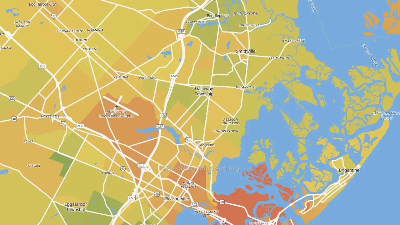 Map of the best neighborhoods in the Absecon area, with better matches in green and worse matches in red