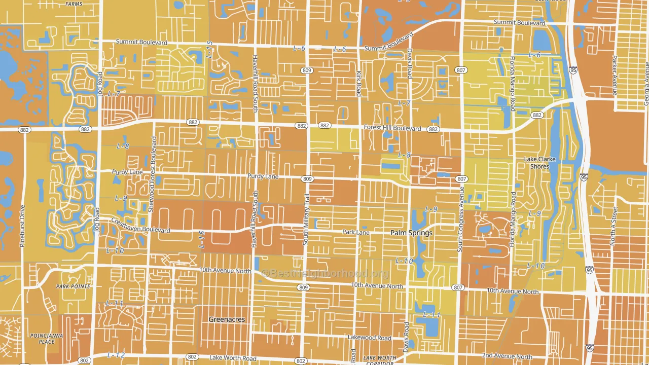 Map of the best neighborhoods in the Acacia Villas area, with better matches in green and worse matches in red