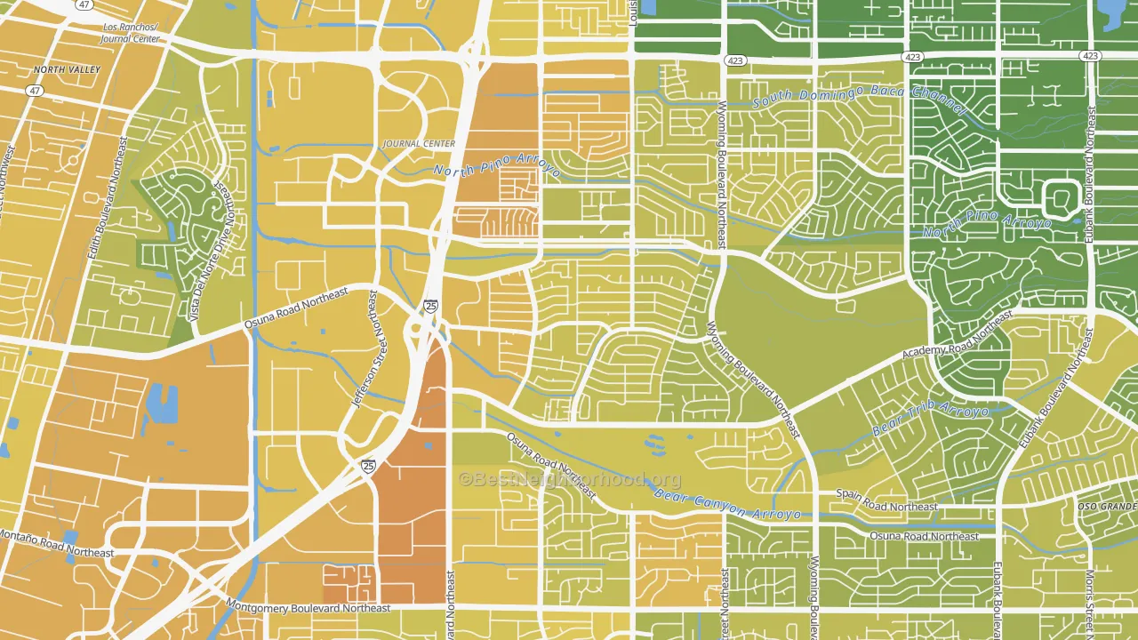 Map of the best neighborhoods in the Academy Acres North, Albuquerque area, with better matches in green and worse matches in red