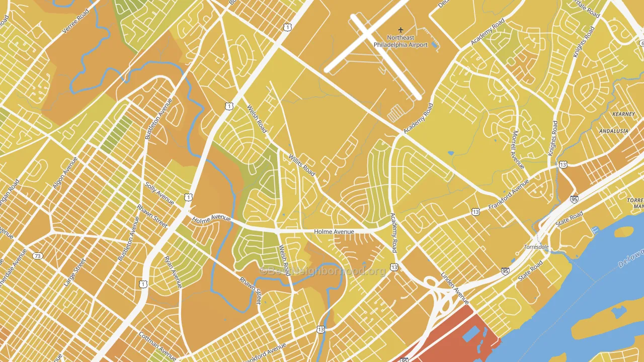 Map of the best neighborhoods in the Academy Gardens, Philadelphia area, with better matches in green and worse matches in red