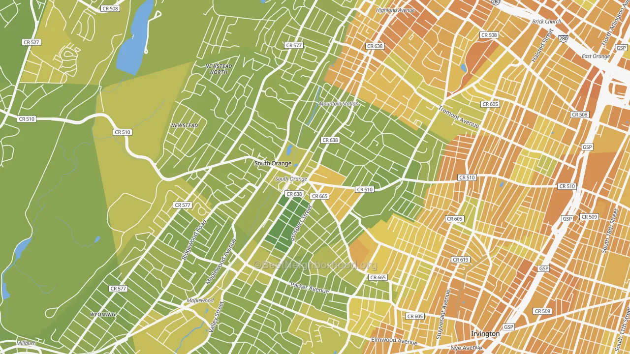 Map of the best neighborhoods in the Academy Heights, Orange area, with better matches in green and worse matches in red