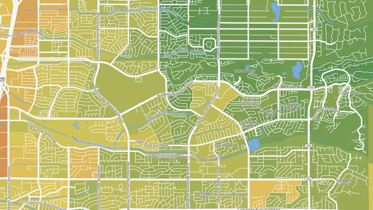 Map of the best neighborhoods in the Academy Hills Park, Albuquerque area, with better matches in green and worse matches in red