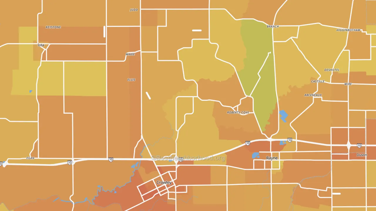 Map of the best neighborhoods in the Acadia Parish area, with better matches in green and worse matches in red
