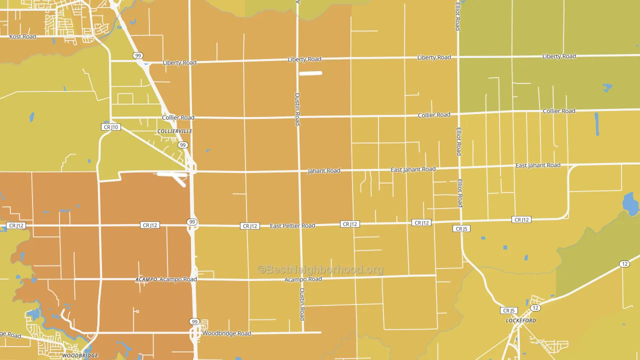 Map of the best neighborhoods in the Acampo area, with better matches in green and worse matches in red