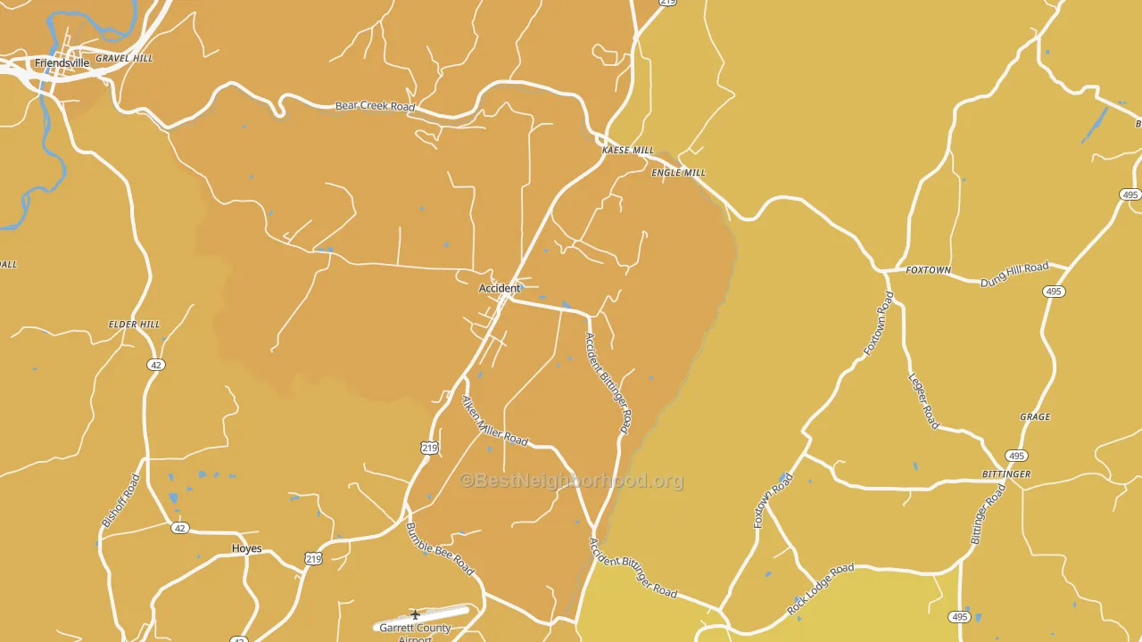 Map of the best neighborhoods in the Accident area, with better matches in green and worse matches in red