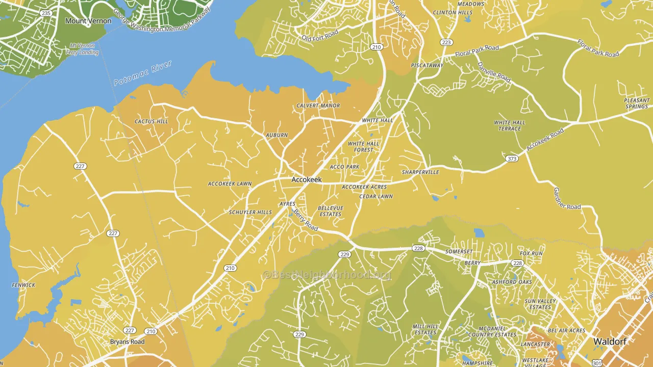 Map of the best neighborhoods in the Accokeek area, with better matches in green and worse matches in red