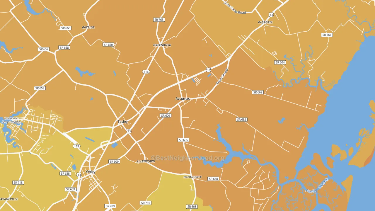 Map of the best neighborhoods in the Accomac area, with better matches in green and worse matches in red