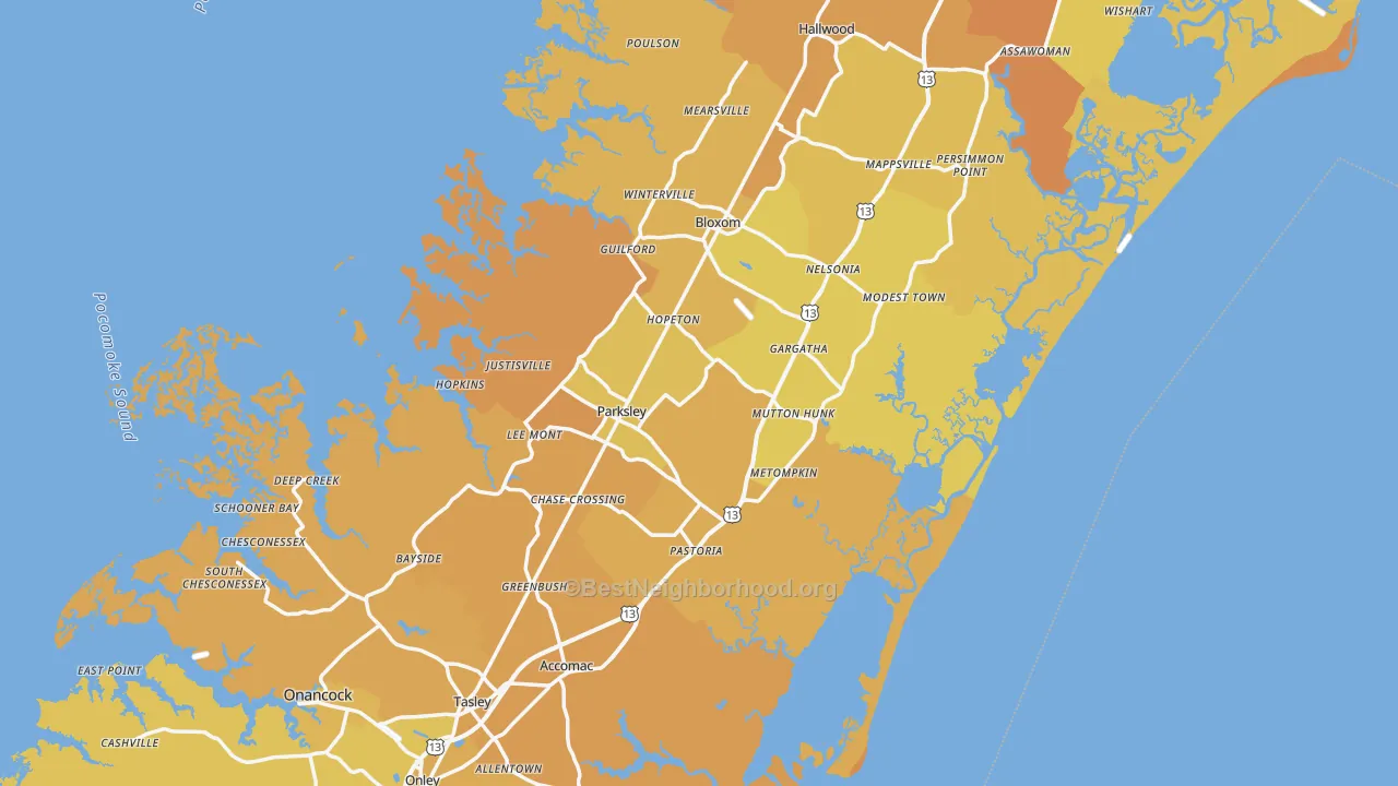 Map of the best neighborhoods in the Accomack County area, with better matches in green and worse matches in red