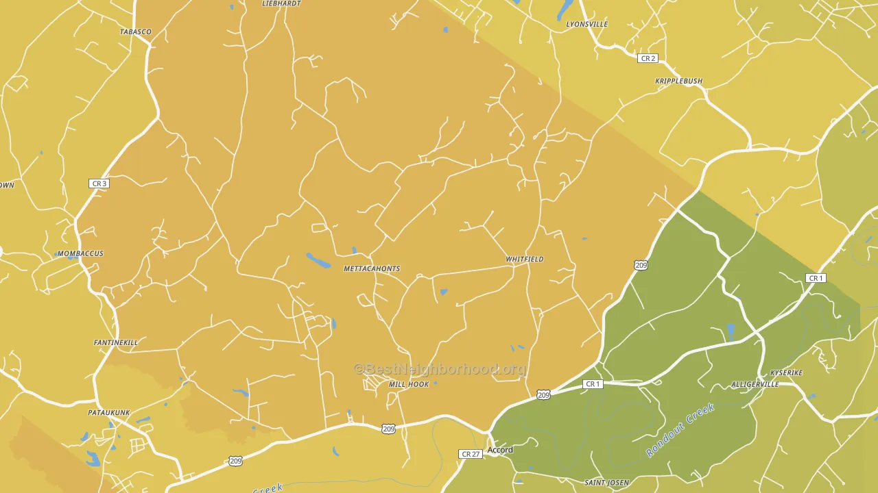 Map of the best neighborhoods in the Accord area, with better matches in green and worse matches in red