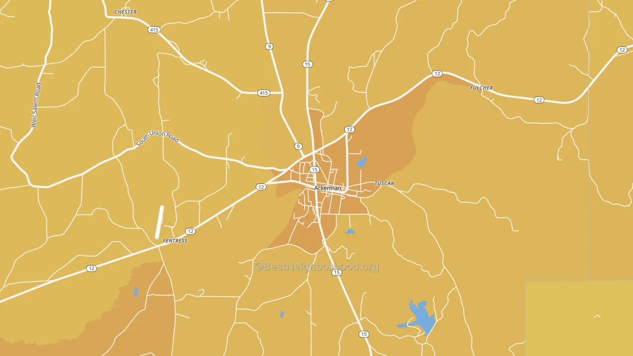 Map of the best neighborhoods in the Ackerman area, with better matches in green and worse matches in red