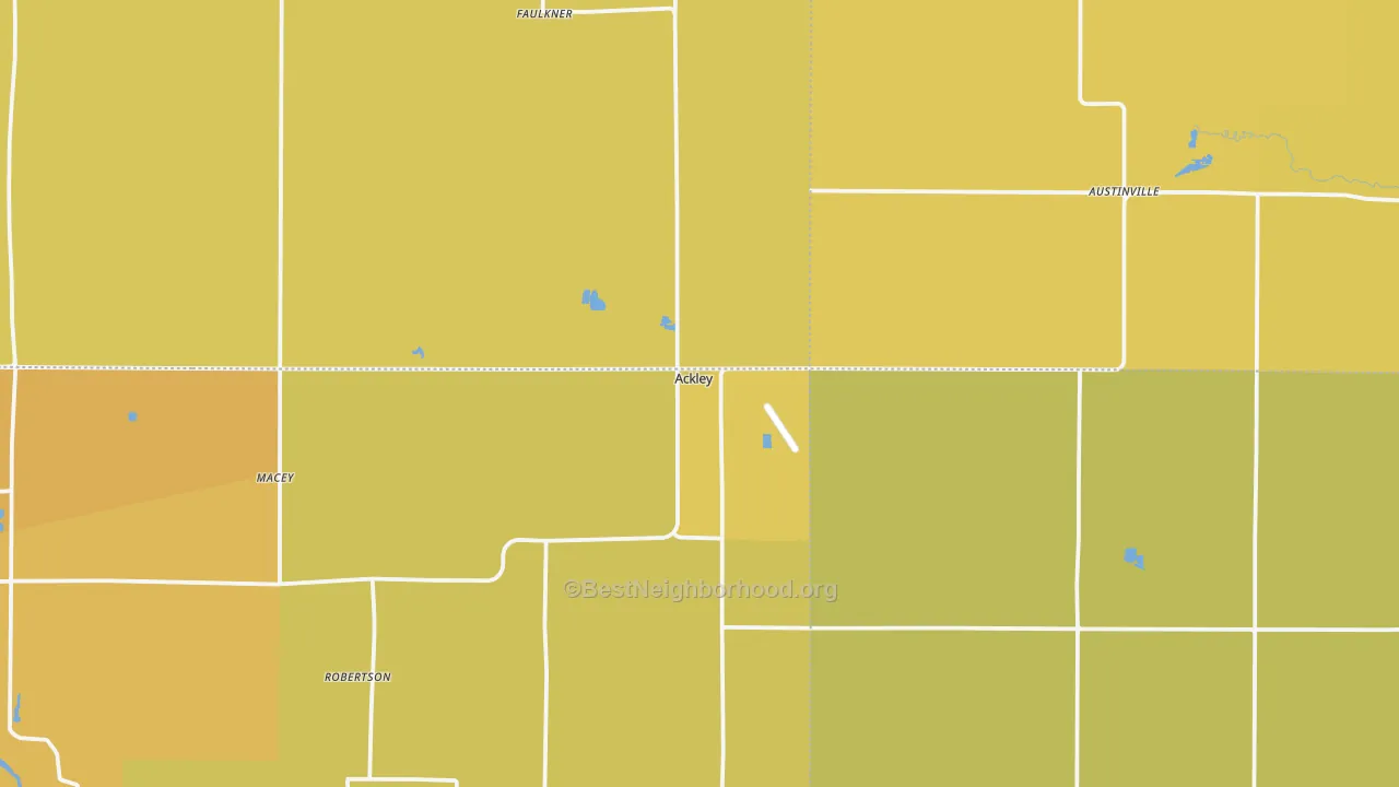 Map of the best neighborhoods in the Ackley area, with better matches in green and worse matches in red