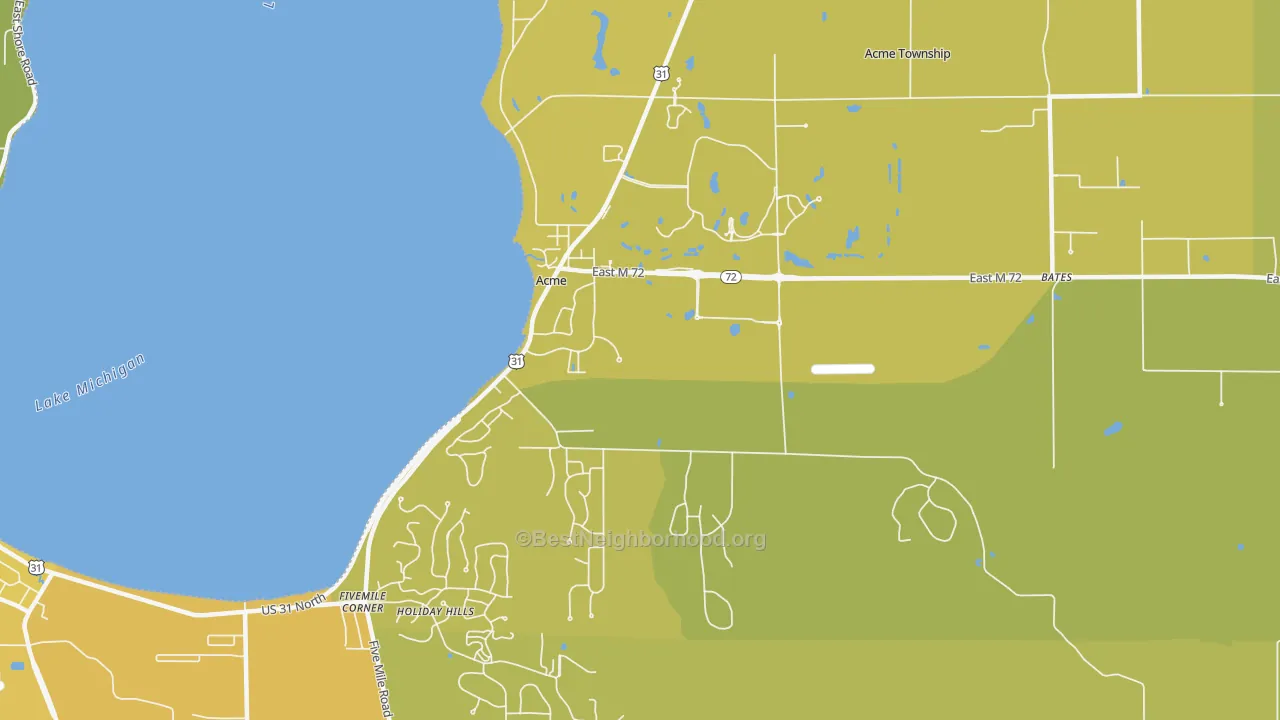 Map of the best neighborhoods in the Acme area, with better matches in green and worse matches in red