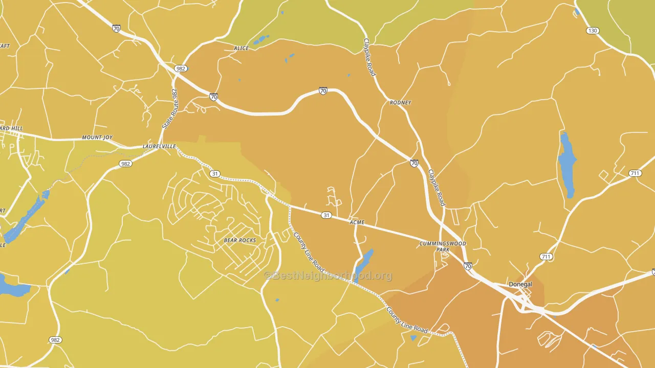 Map of the best neighborhoods in the Acme area, with better matches in green and worse matches in red