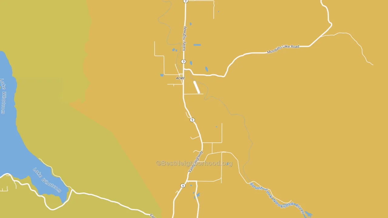 Map of the best neighborhoods in the Acme area, with better matches in green and worse matches in red