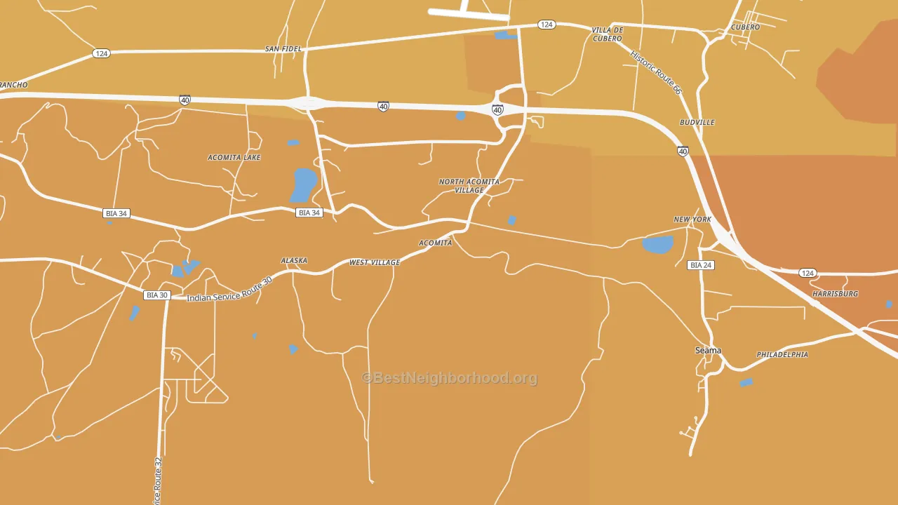 Map of the best neighborhoods in the Acoma Pueblo area, with better matches in green and worse matches in red
