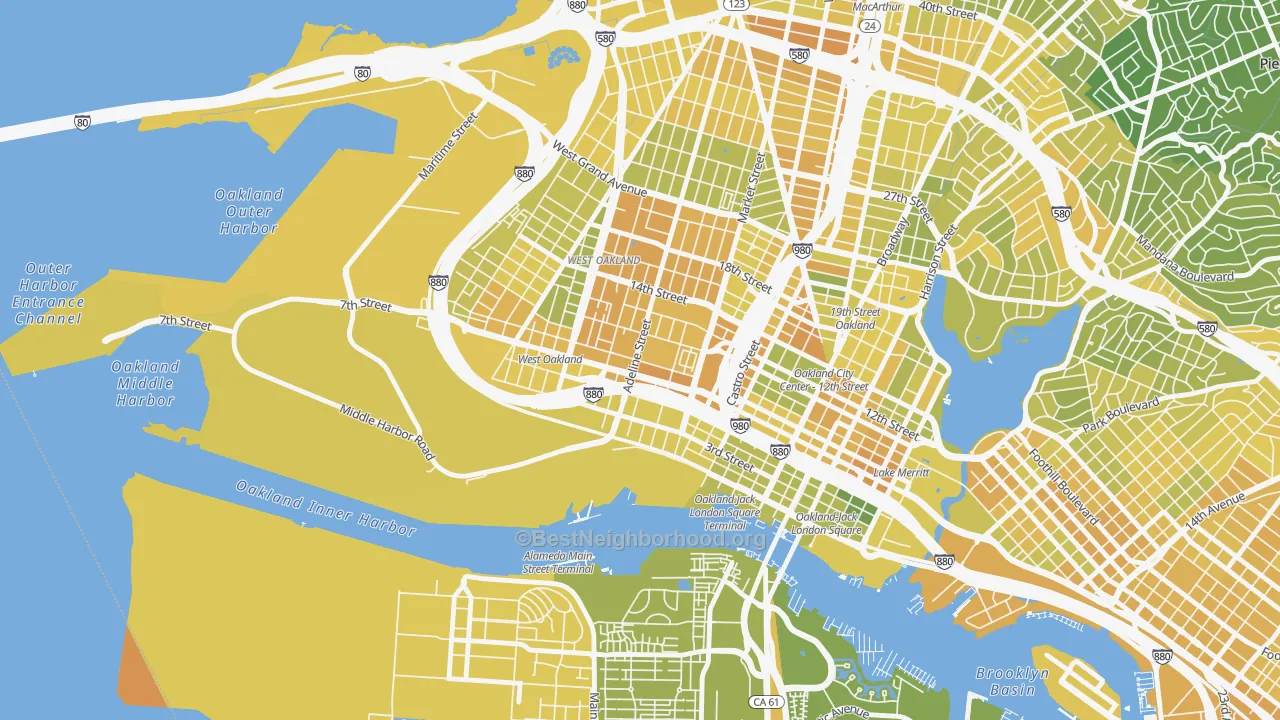 Map of the best neighborhoods in the Acorn, Oakland area, with better matches in green and worse matches in red
