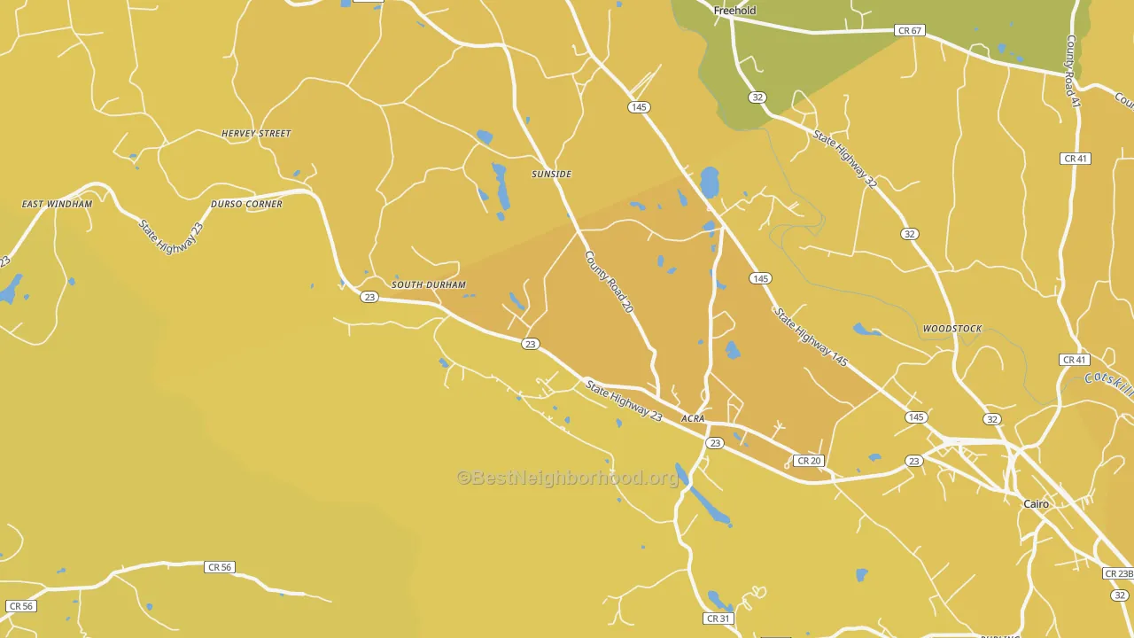 Map of the best neighborhoods in the Acra area, with better matches in green and worse matches in red