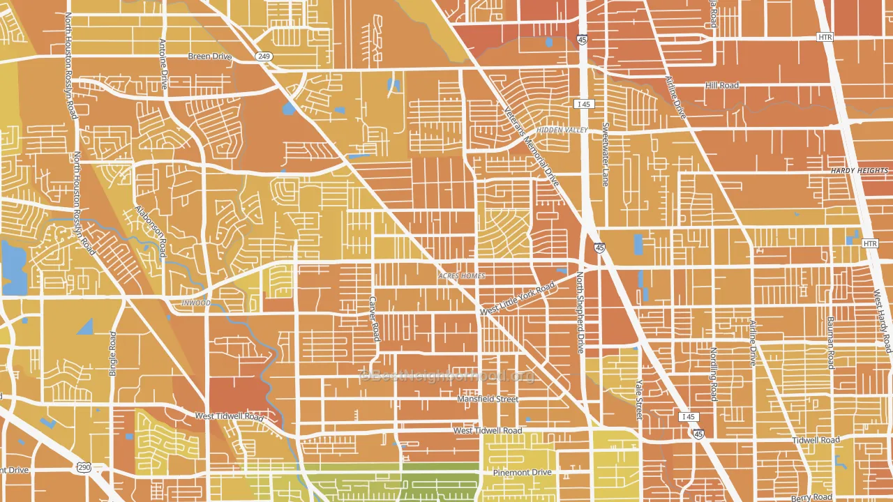 Map of the best neighborhoods in the Acres Home, Houston area, with better matches in green and worse matches in red